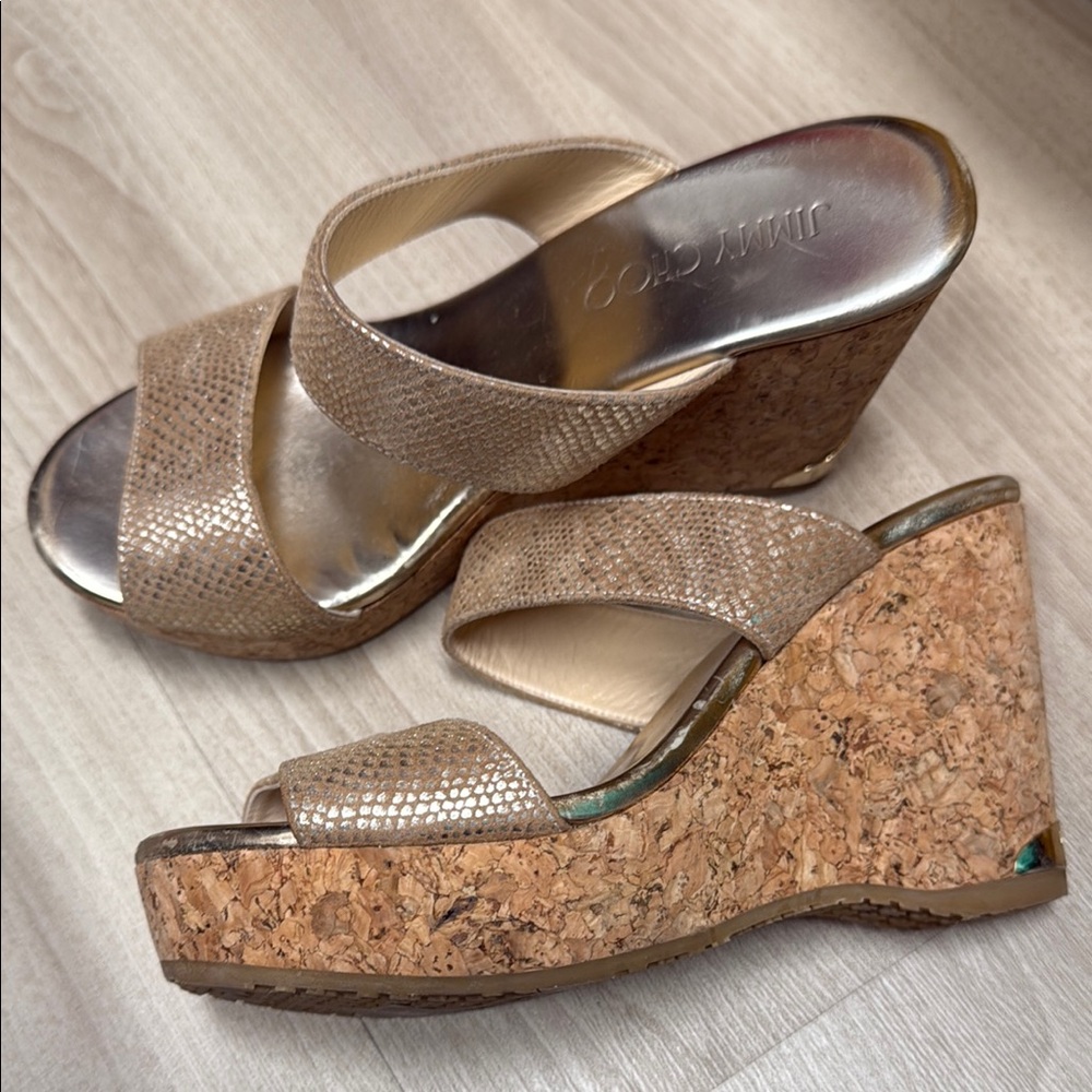 Jimmy Choo Gold Wedge Sandals with Cork Heel